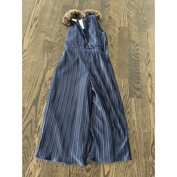 Janie and Jack Faux fur collar velvet Blue jumpsuit size 12 NWT